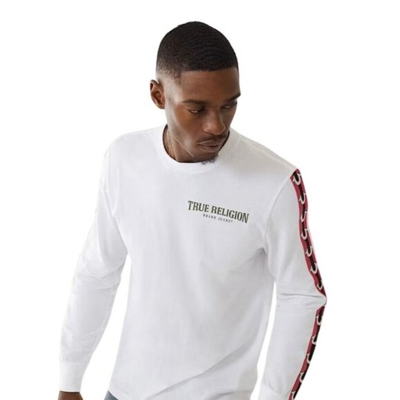 True Religion Shirt Men XL White Crew Neck Long Sleeve Damask Tee Streetwear - Picture 1 of 13